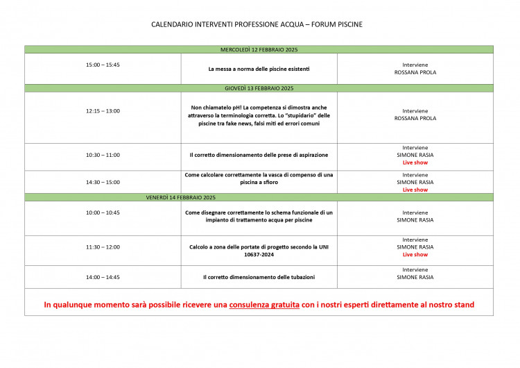 Il calendario degli interventi di Professione Acqua a ForumPiscine 2025