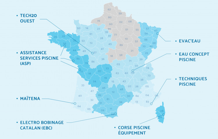 Carte des agences r&eacute;gionales AQUATIC PRO France