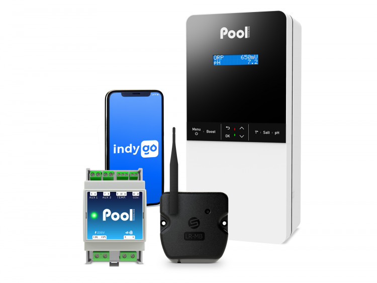 Electrolyseur au sel pour piscine Justsalt Pro avec les modules e-Pool&reg; Command et e-Pool&reg; relais LRMB et l'application mobile Myindygo de Pool Technologie