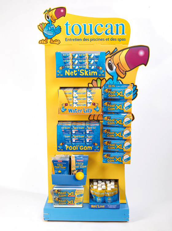 Nouveau pr&eacute;sentoir gamme produits piscine et spa Toucan 