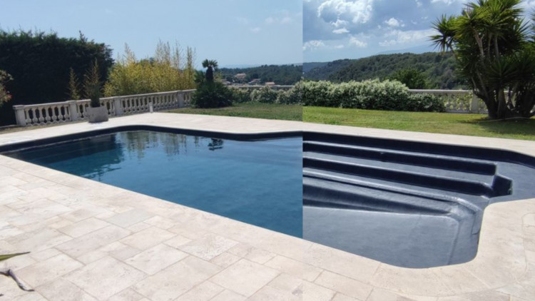 Pose d'une membrane arm&eacute;e TOUCH Elegance sur une coque (Riviera Pool Services)