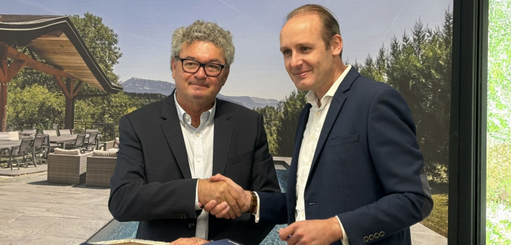Herv&eacute; Ricard, pr&eacute;sident de Piscines Magiline, et Julien Blanchard, co-fondateur d&rsquo;Hoffmann Green