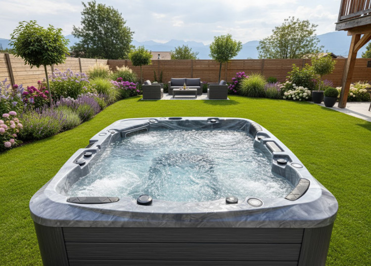 Spa Be Well Canada install&eacute; dans un jardin paysager