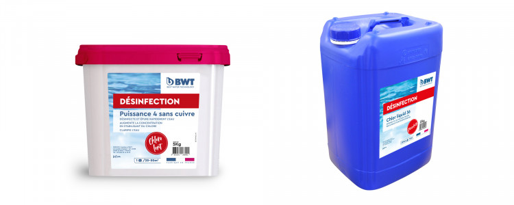 Puissance 4 sans cuivre et Chlore liquide D&eacute;sinfection eau piscine BWT Pool Products