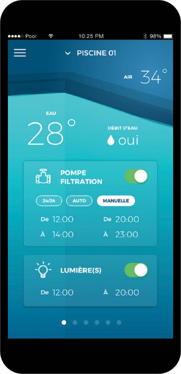 Ecran mobile avec informations piscine coffret connect&eacute; EZPool.app 