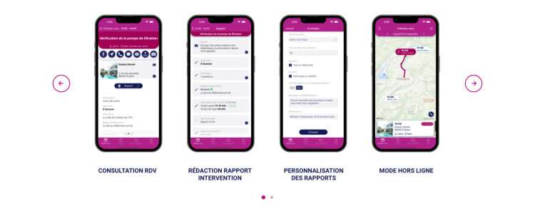 &Eacute;crans de l'application Extrabat Today montrant les fonctionnalit&eacute;s : consultation des rendez-vous, r&eacute;daction de rapport d'intervention, personnalisation des formulaires et mode hors ligne