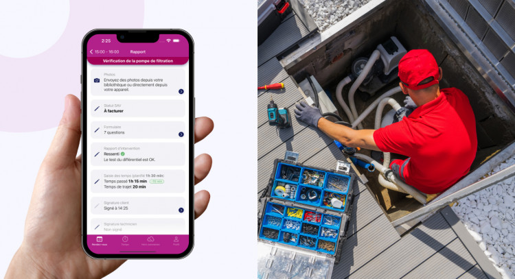 Technicien piscine en intervention avec l'application mobile Extrabat Today affichant un rapport d'intervention structur&eacute; (temps, statut, signature, test diff&eacute;rentiel)