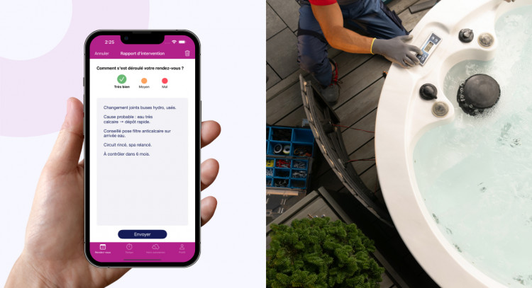 Technicien piscine en intervention sur un spa, avec l'application Extrabat Today affichant un retour  structur&eacute; avec une note de satisfaction et un commentaire sur son rapport.