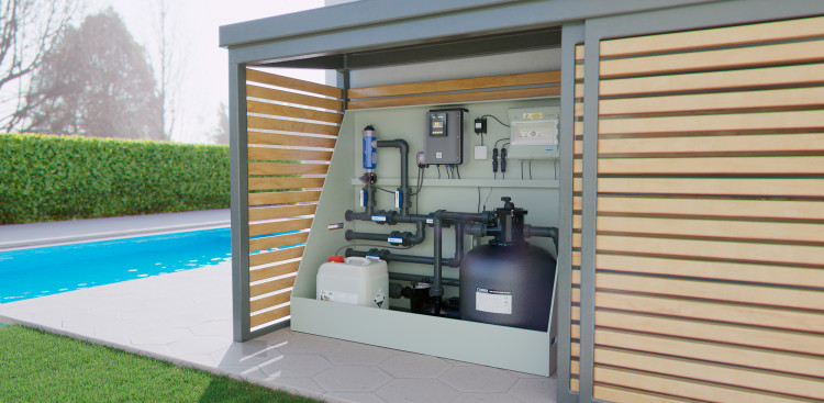 mur technique avec &eacute;quipements piscine Albixon