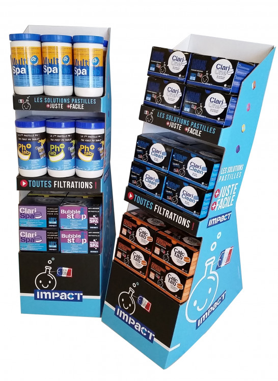 Pr&eacute;sentoirs mise en valeur magasin gamme Traitement d'eau piscine et spa d'Impact