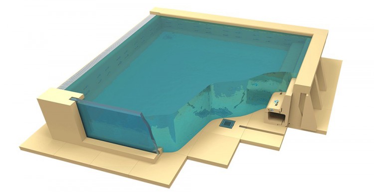 Sch&eacute;ma d'une piscine avec les modules pr&eacute;fabriqu&eacute;s Mallor d'Astralpool et bonde de fond 