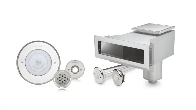 Stainless steel pool equipment from Pahl&eacute;n skimmers inlets drains lighting spot