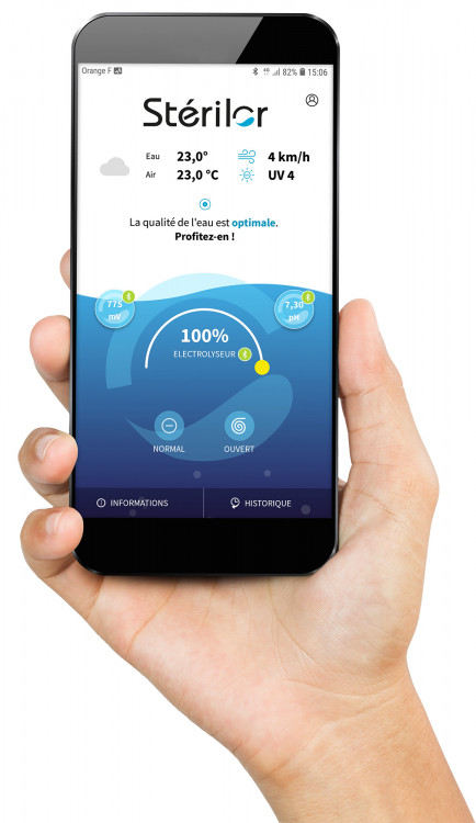St&eacute;rilor XP sur appli smartphone gestion traitement de l'eau de piscine connect&eacute;e