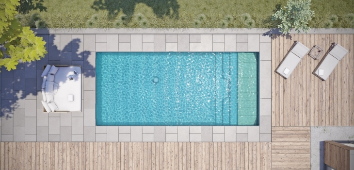 Piscine coque  AKOYA volet immerg&eacute; sous plage Aboral Piscines