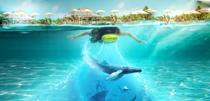 Masque de r&eacute;alit&eacute; virtuelle avec fonds sous-marin virtuels dans une piscine Edsun Ballast exp&eacute;rience