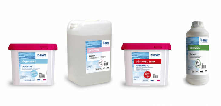 Produits des 4 famille de traitement eau piscine BWT : Equilibre, Entretien, D&eacute;sinfection, Algicide